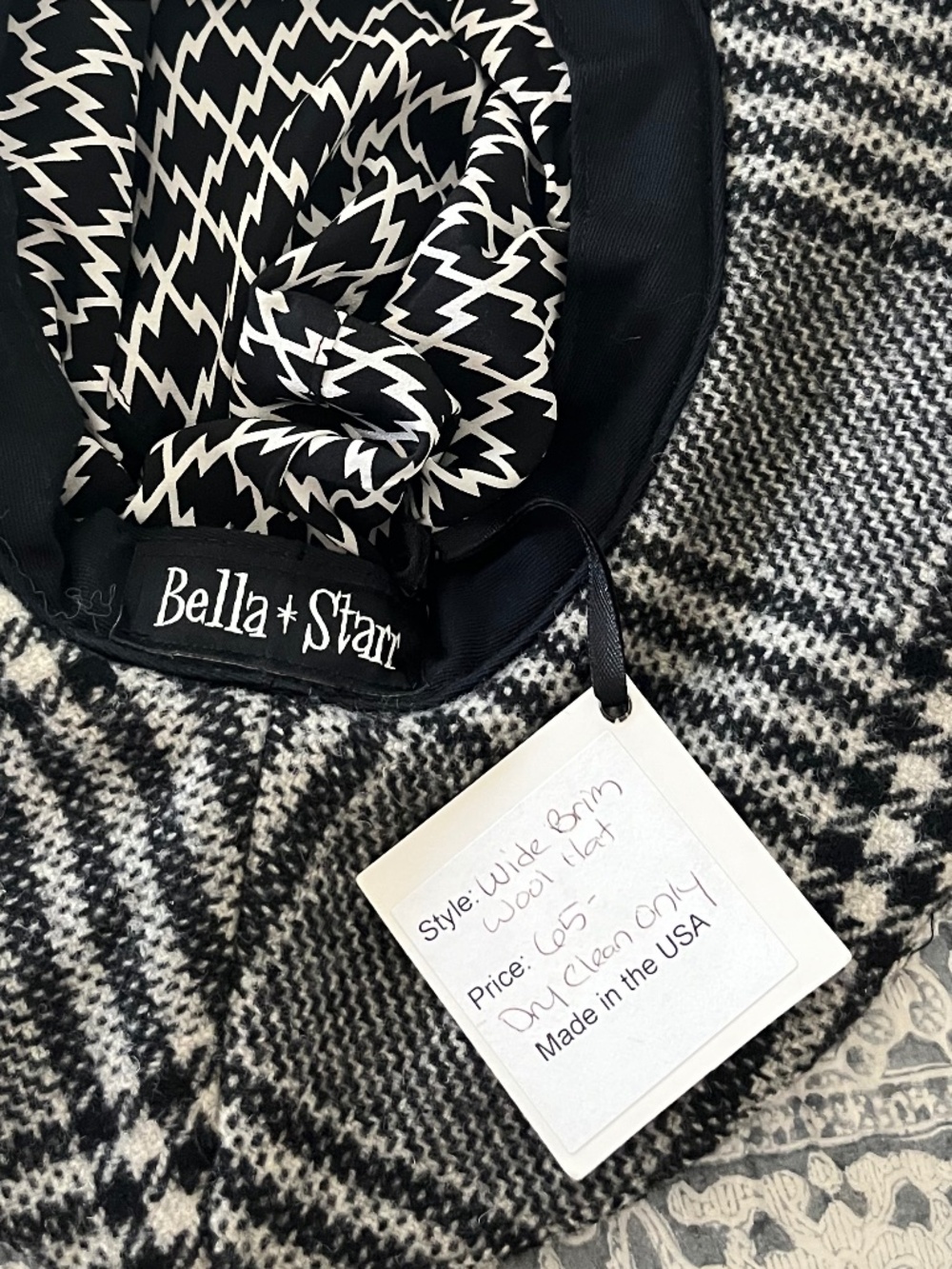NWT Bella Starr Black/Gray Houndstooth Wide Brim Wool Fedora Hat OS Retro Boho - Picture 8 of 8
